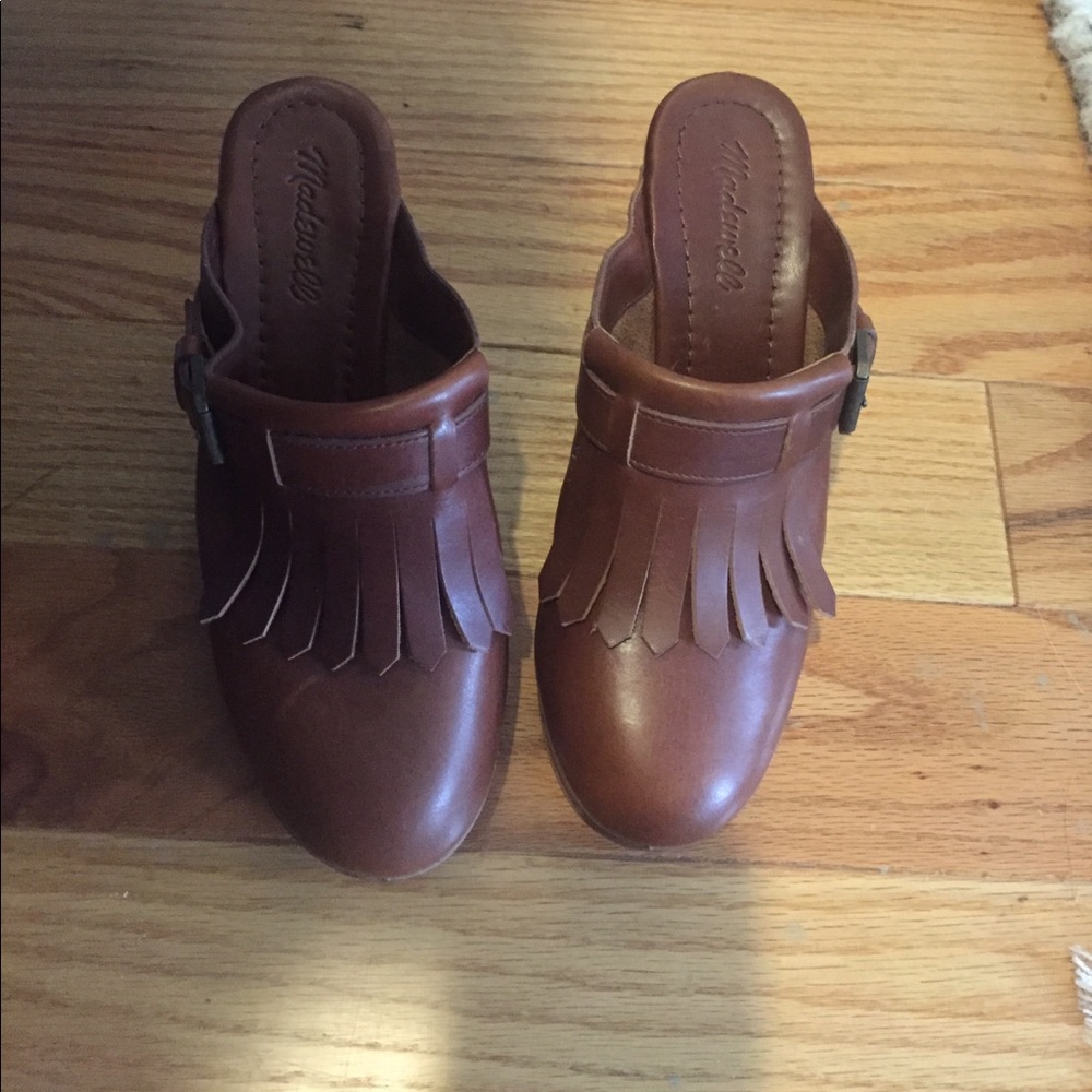 Madewell Brown Leather Mules with Fringe